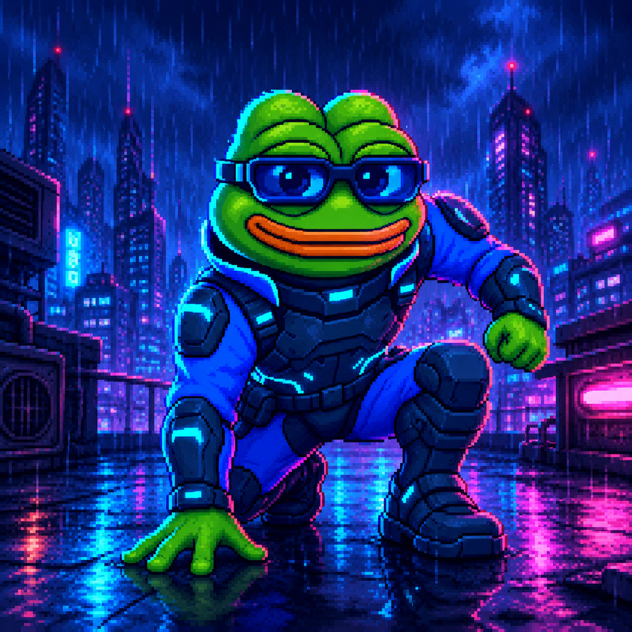 CyberPepe landing in a rain-soaked neon city