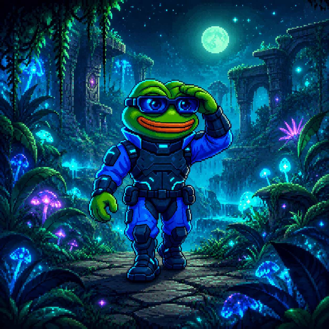 CyberPepe saluting in a bioluminescent jungle under a full moon