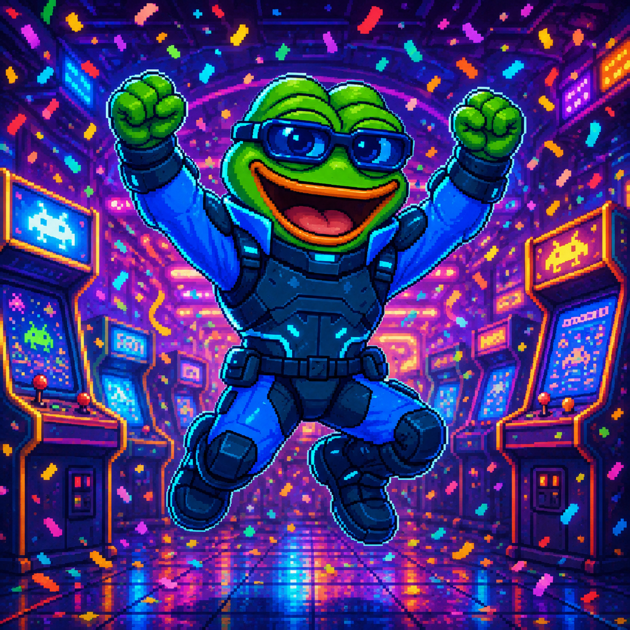 CyberPepe celebrating in a confetti-filled arcade