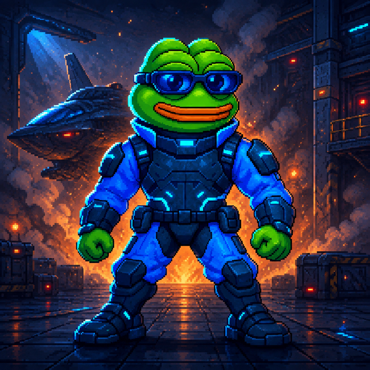CyberPepe standing in a burning hangar beside a starship