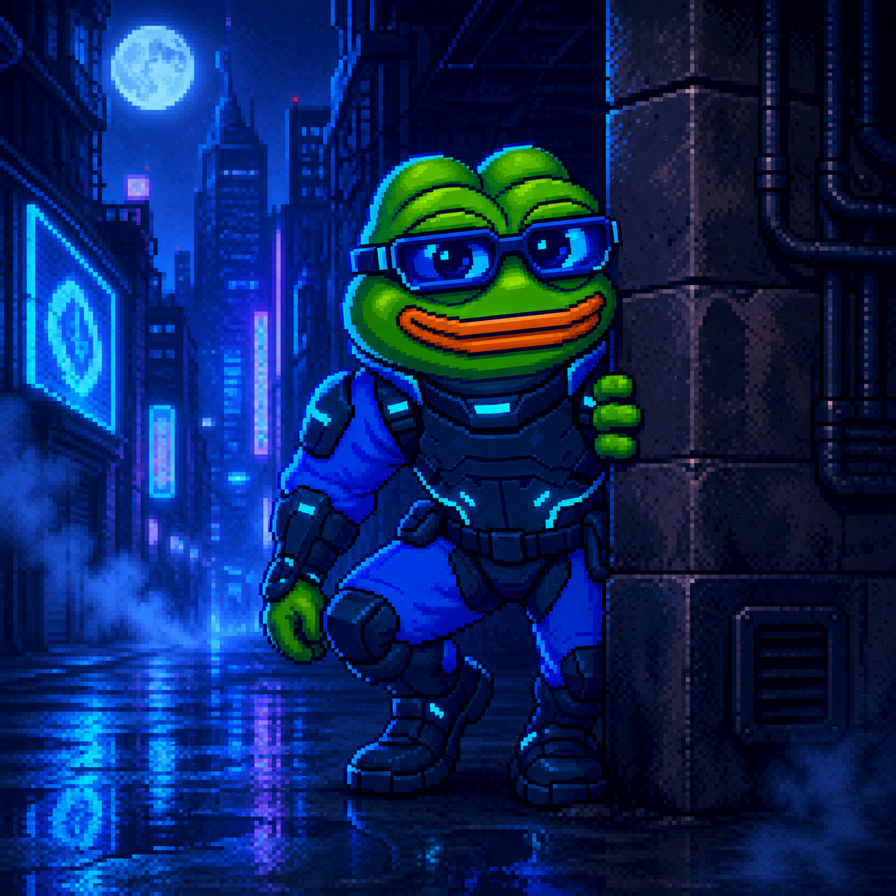 CyberPepe peeking around a wall in a rainy neon alley