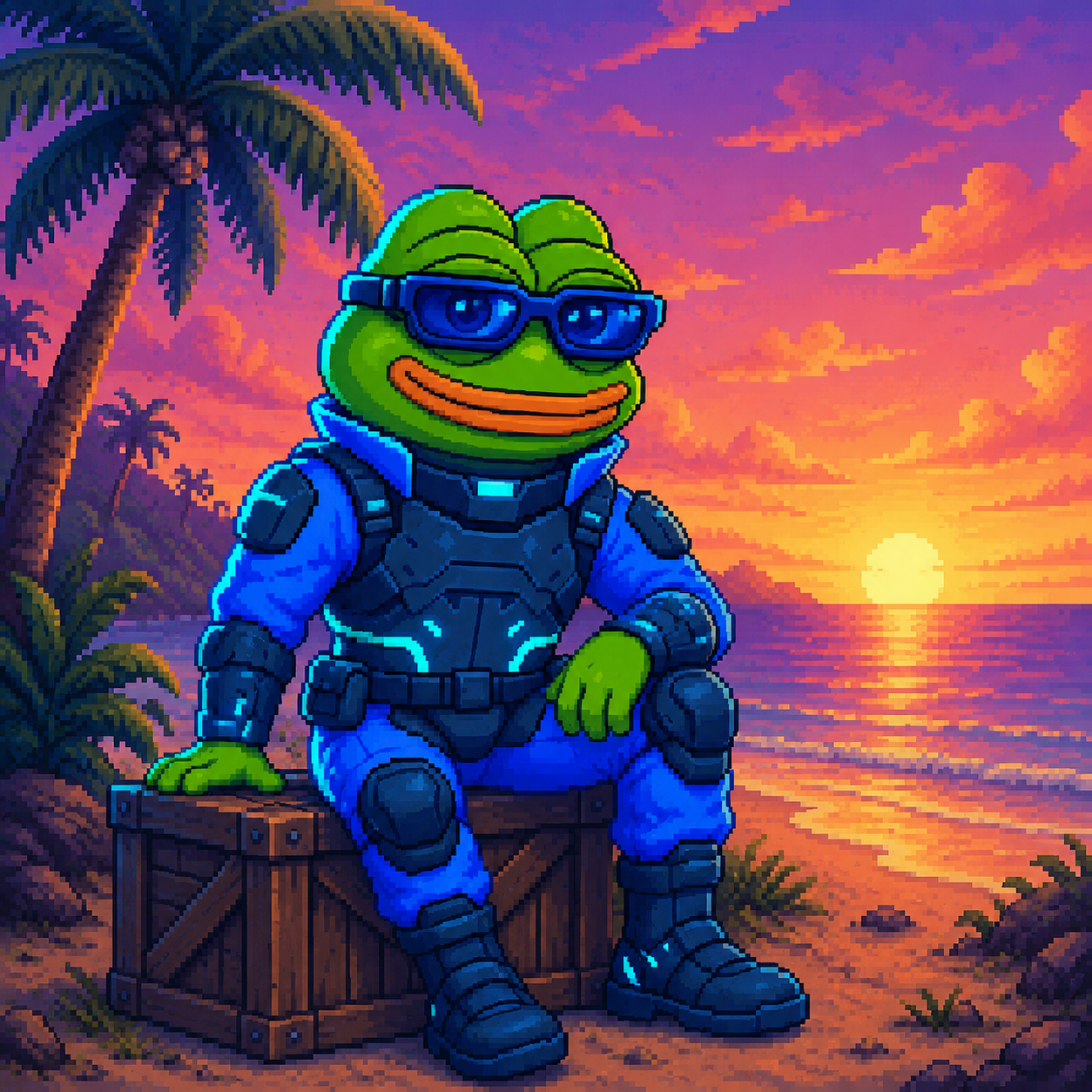 CyberPepe watching the sunset on a beach